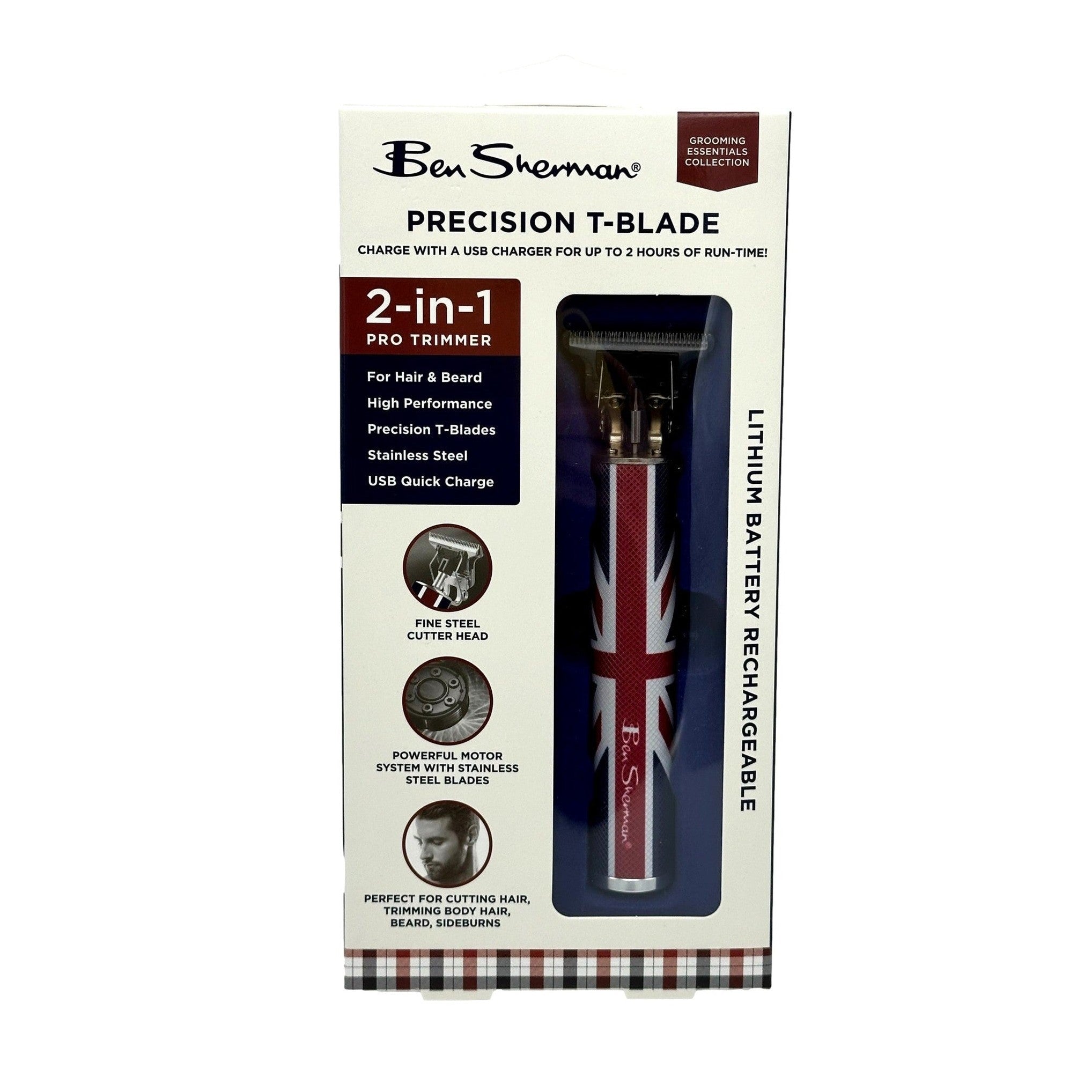 Box of Ben Sherman Precision T-Blade 2-in-1 Pro Trimmer with Union Jack design.